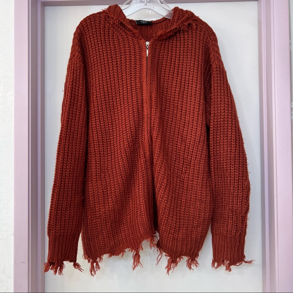 VICI Rust Distressed Zip Up Knit Hoodie